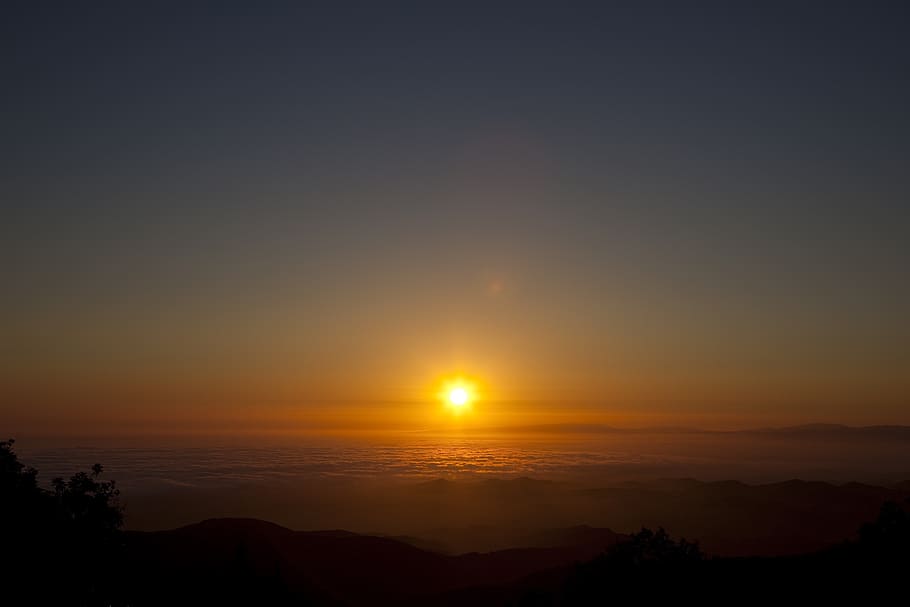 sunset, sky, dusk, cloud, orange, blue, horizon, sea of clouds HD wallpaper