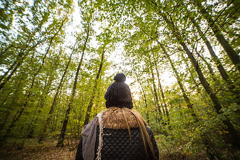 Young Woman Walking Through The Forest, alone, autumn, cold, girl HD wallpaper