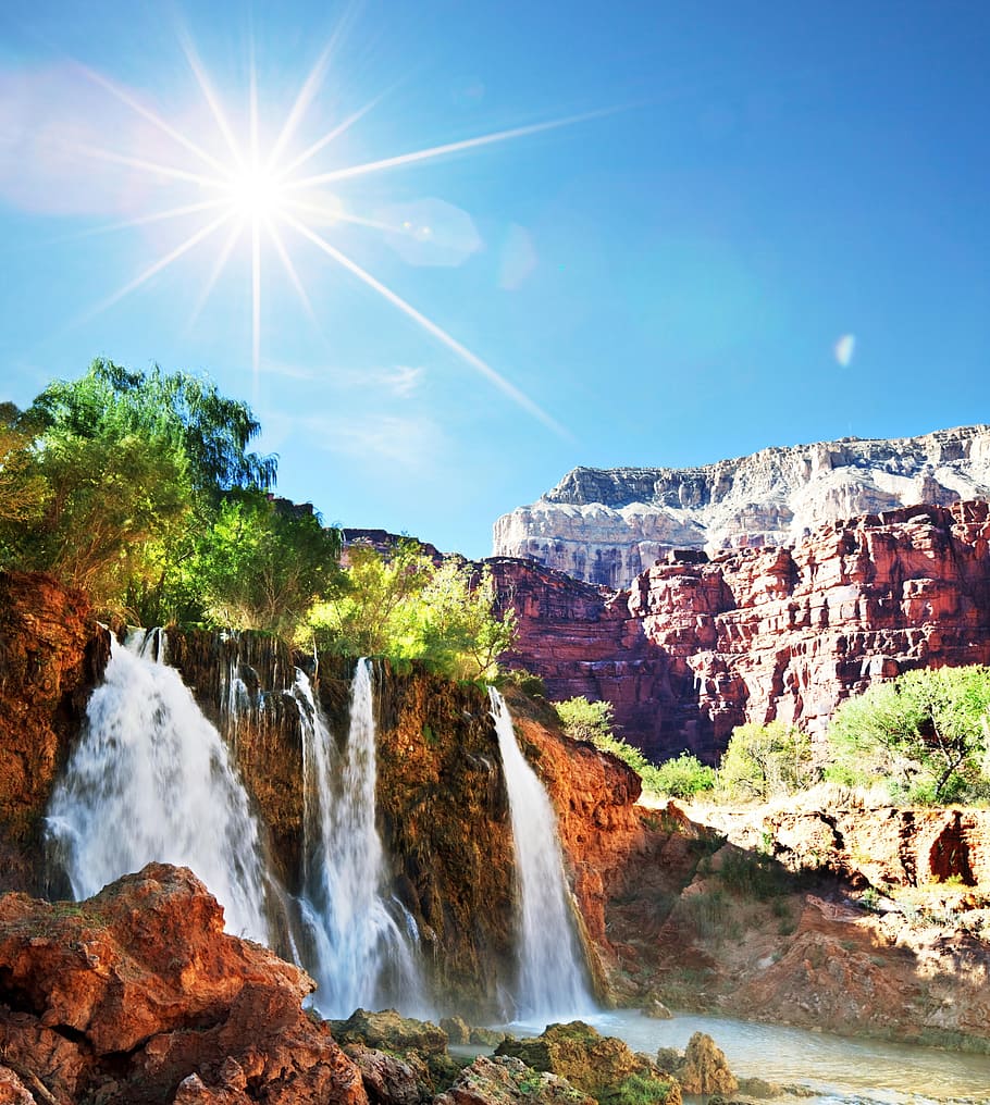 low angle photography of waterfalls, nature, sun, mountains HD wallpaper