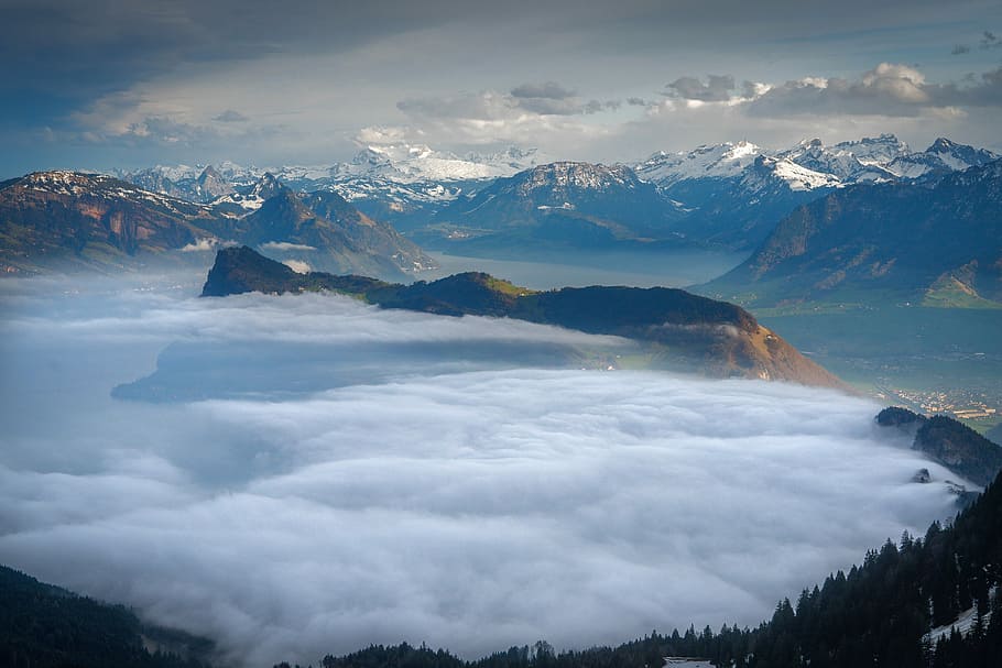 bird's eye view of mountain covered with clouds, aerial view of sea of clouds HD wallpaper