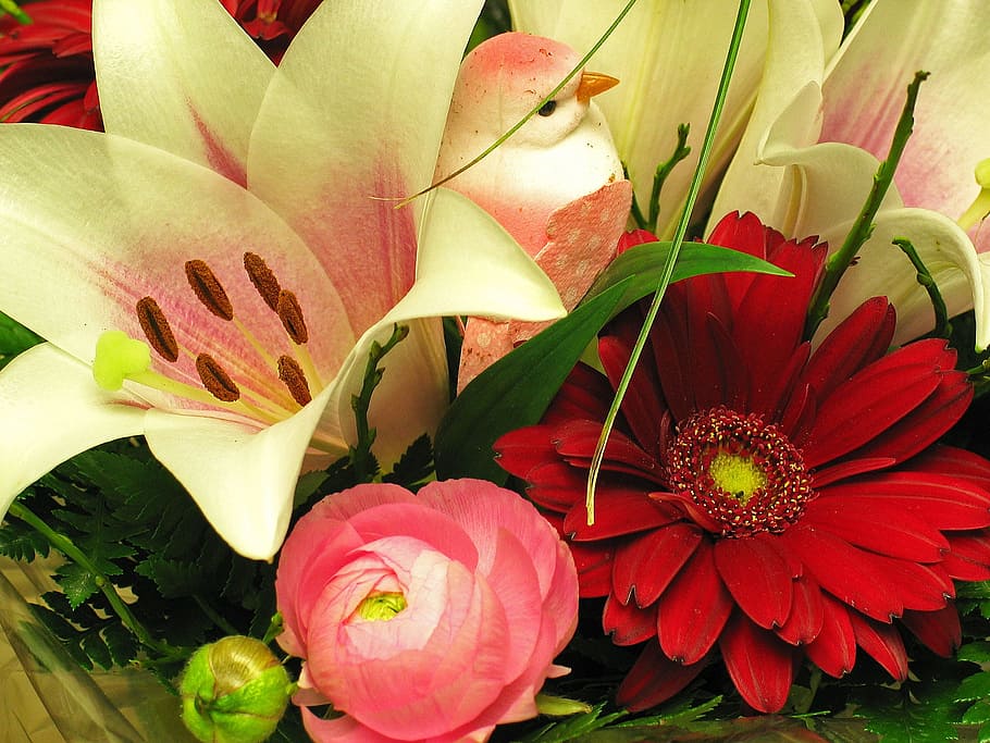 three assorted flowers, bouquet, ranunculus, gerbera, lily HD wallpaper