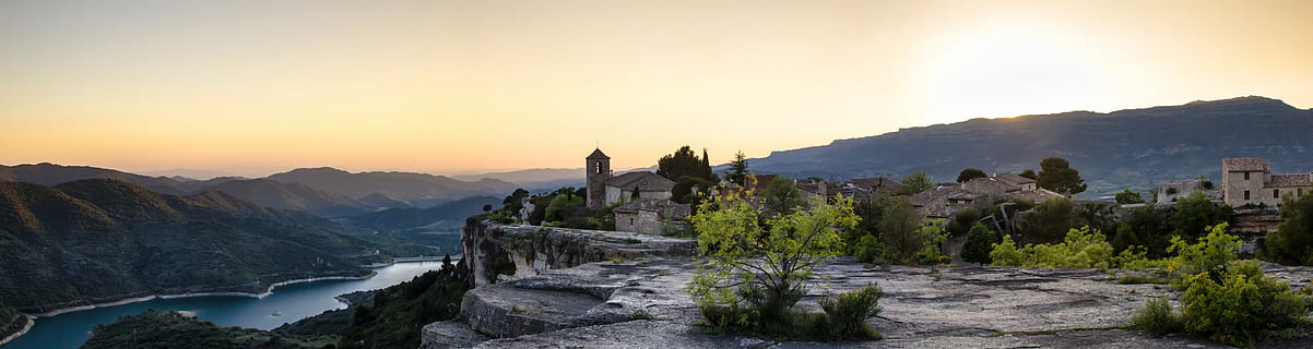 castle near river and mountain range, panoramic, nature, panoramic image HD wallpaper