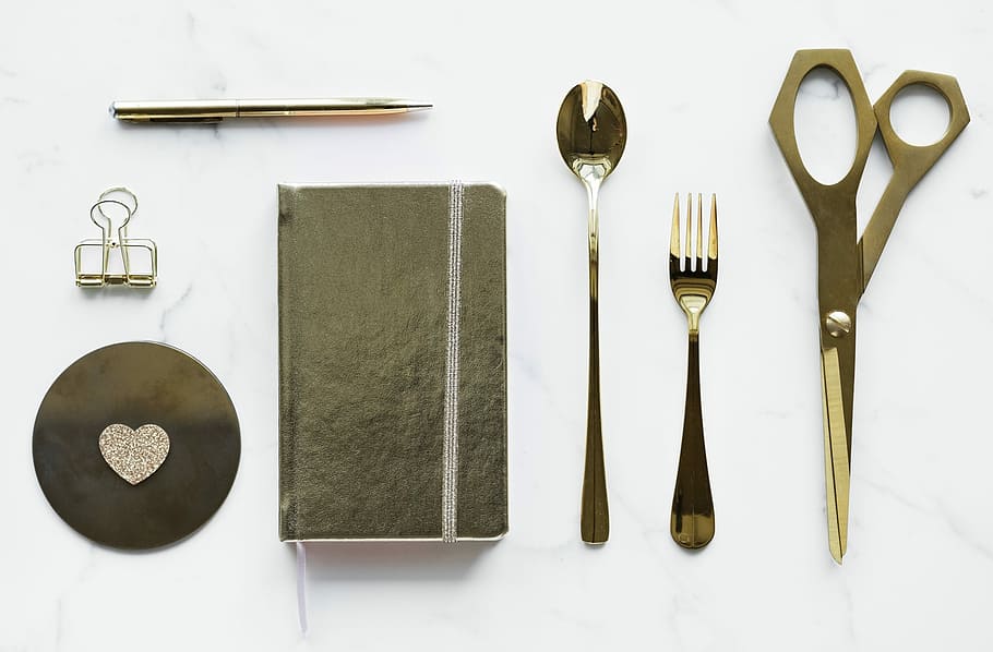 gray stainless steel cutlery on white wooden surface, scissors HD wallpaper