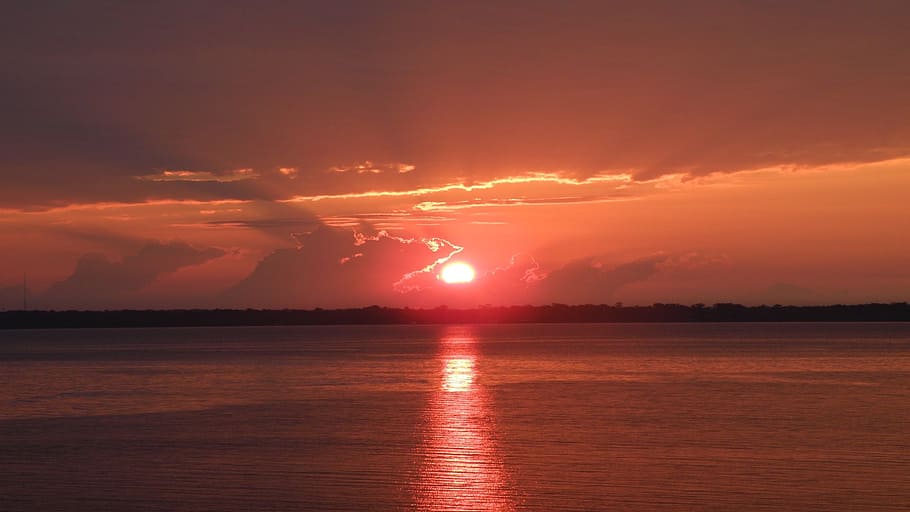sun, clouds, sunrise, water, river, sky, sunset, beauty in nature HD wallpaper