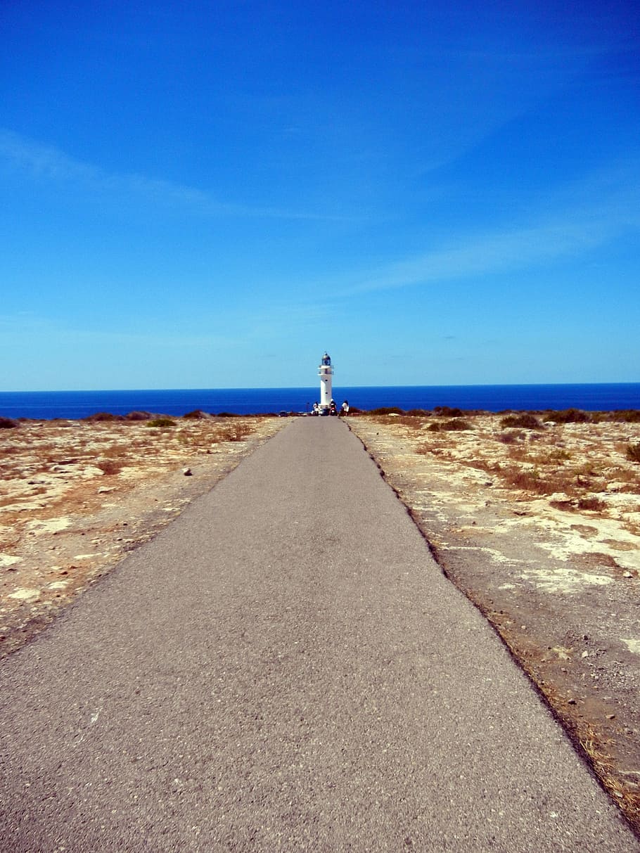 Formentera, Lighthouse, Road, Desert, sea, infinite, dom, sky