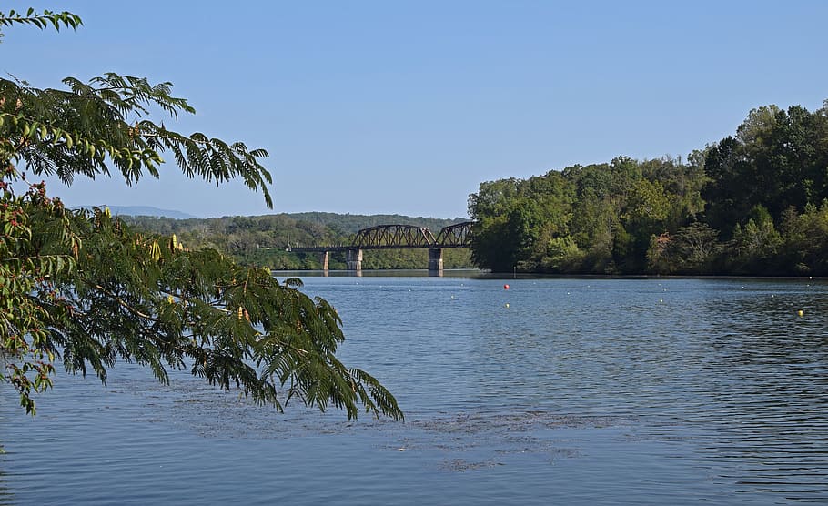 railroad bridge, melton lake, clinch river, tennessee, smoky mountains, HD wallpaper