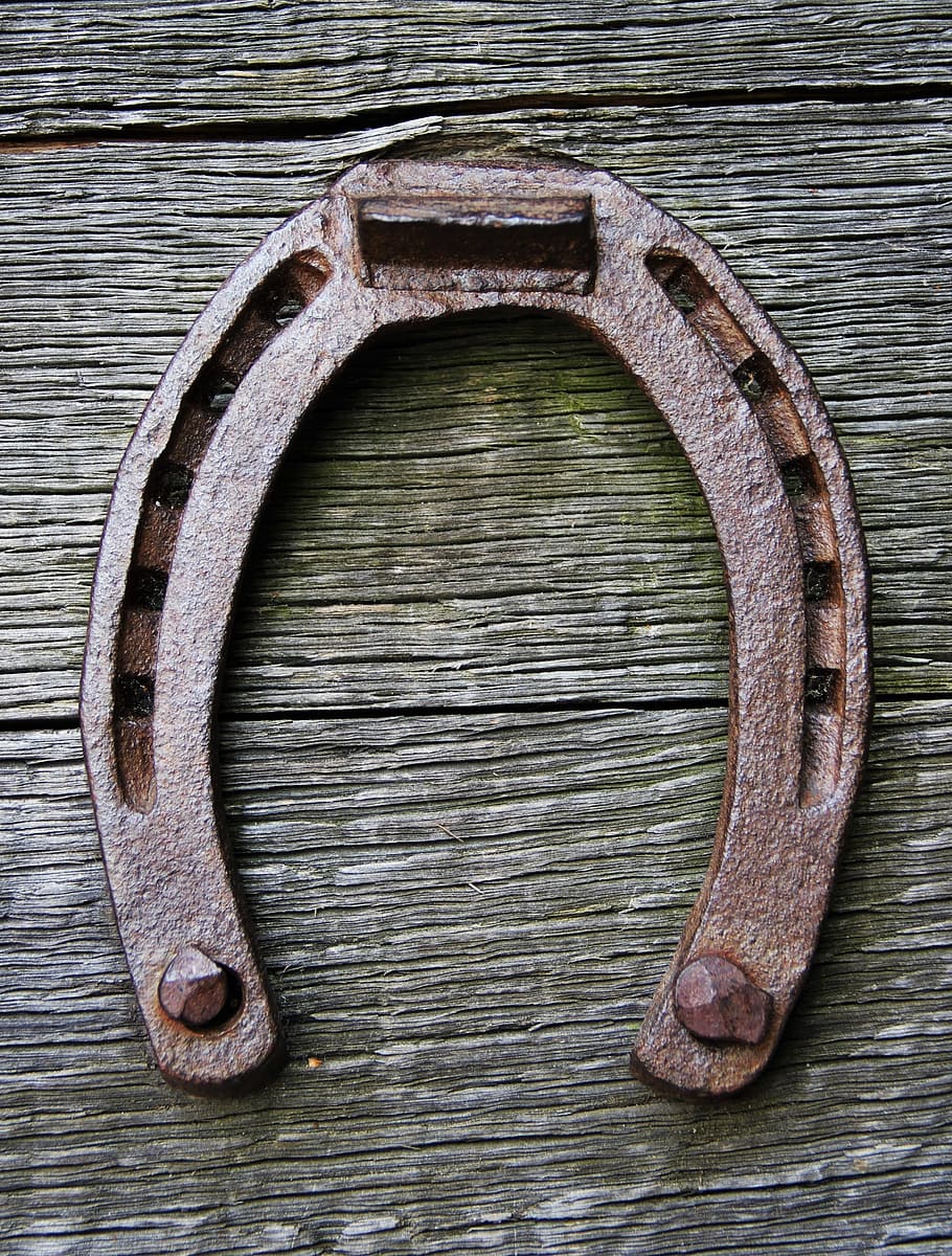 rusty brown horseshoe pinned on gray wood surface, lucky charm