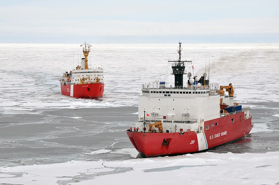 two white-and-red boats on body of icy water, Ice Breakers HD wallpaper