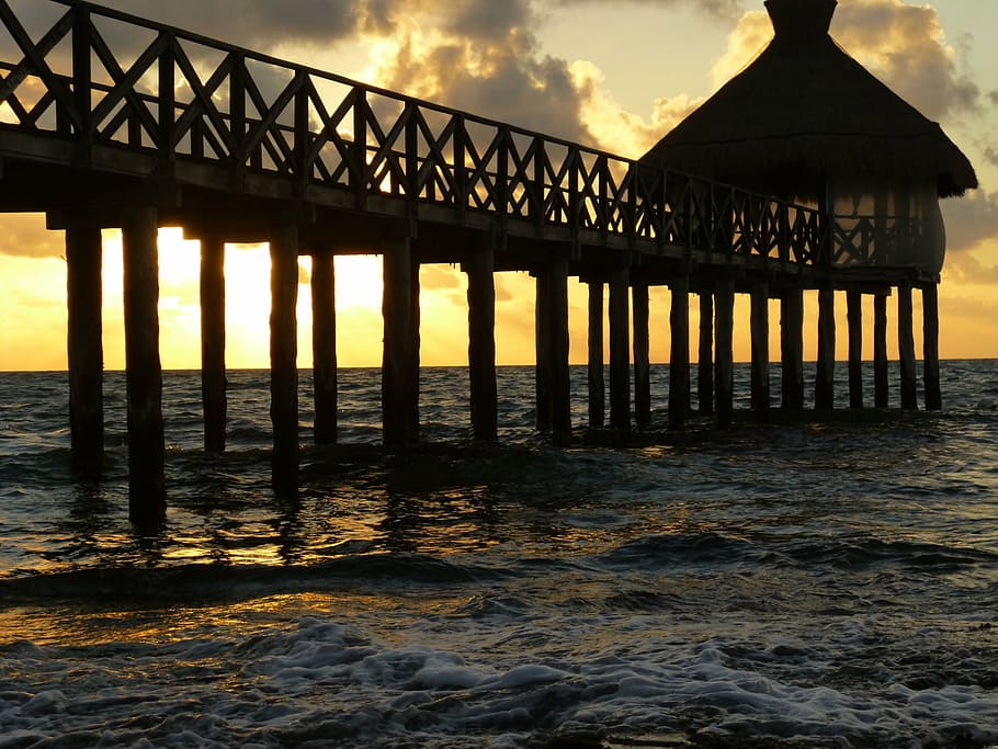 sunset, beach, sky, sea, water, built structure, architecture HD wallpaper