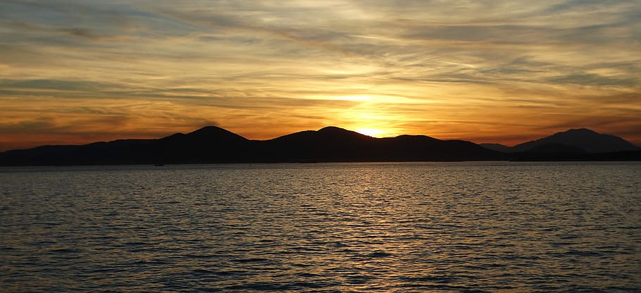 sunset, piraeus, water, sky, mountain, sea, tranquil scene HD wallpaper