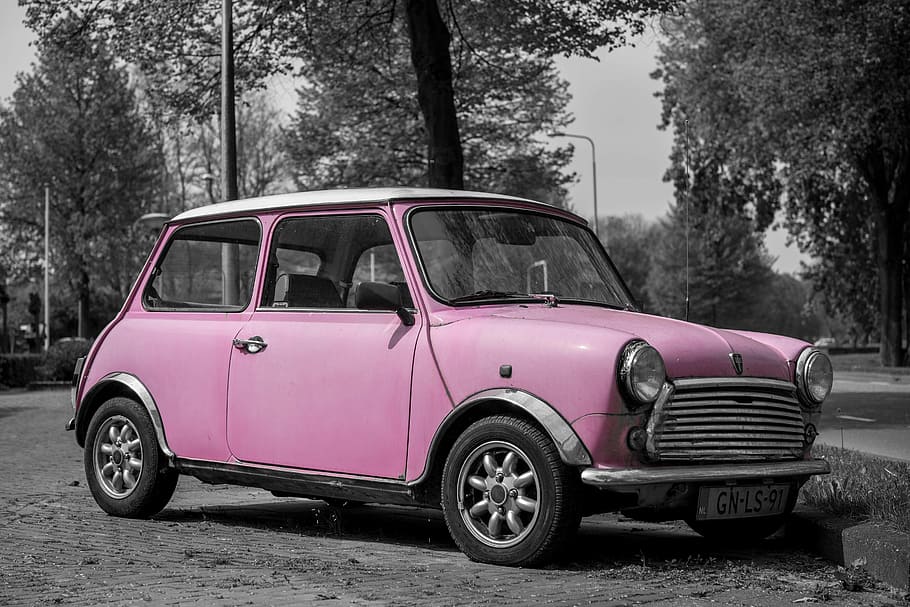 selective color photography of pink 3-door hatchback, mini HD wallpaper