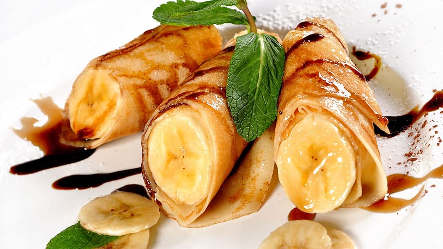 banana wrap snack on white plate, crepe, chocolate, eat, cute HD wallpaper