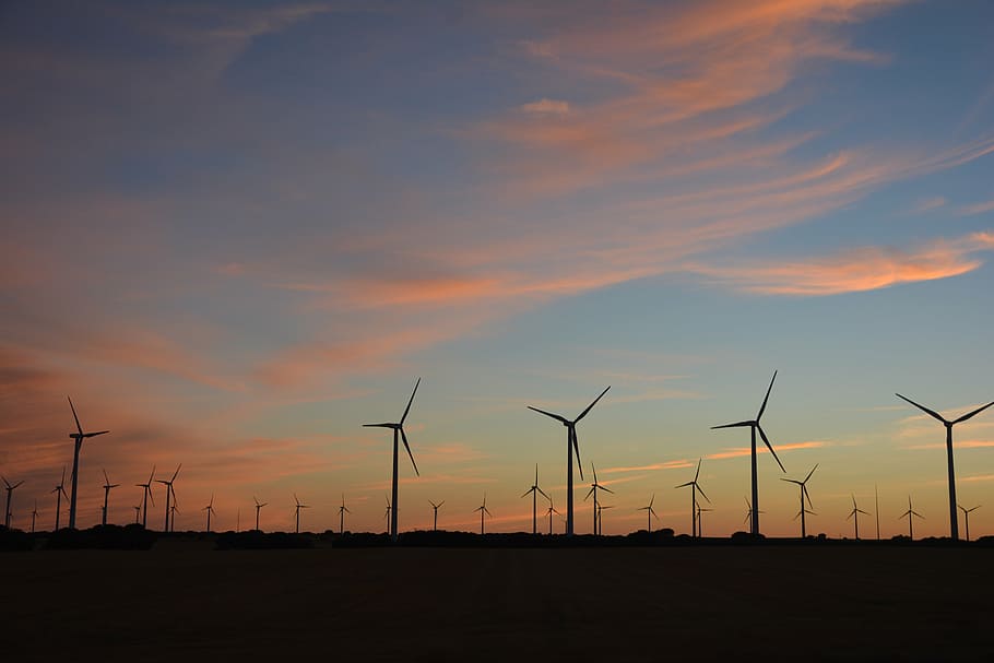 mills, sunset, twilight, sky, clouds, renewable energy, alternative energy HD wallpaper