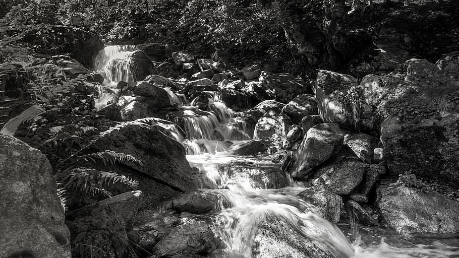 nature, waterfall, landscape, river, black and white, stones HD wallpaper