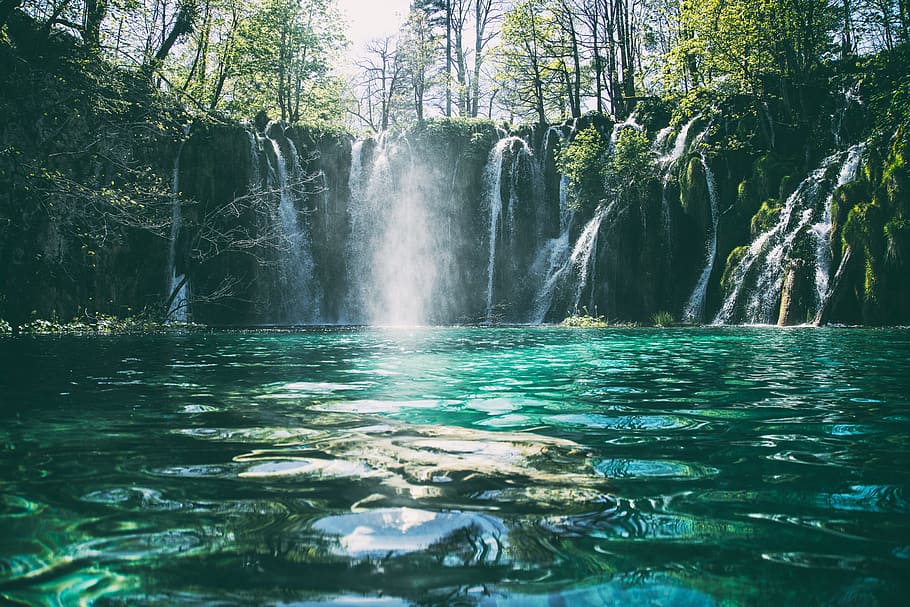 green river surrounded by trees, spring, blue, water, rocks HD wallpaper