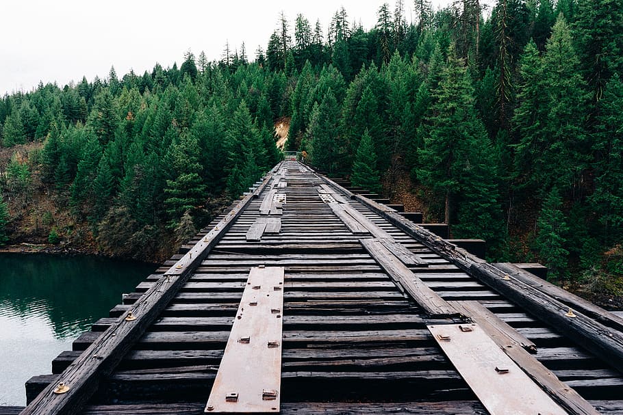 empty wooden rail track above water at daytime, brown, black HD wallpaper