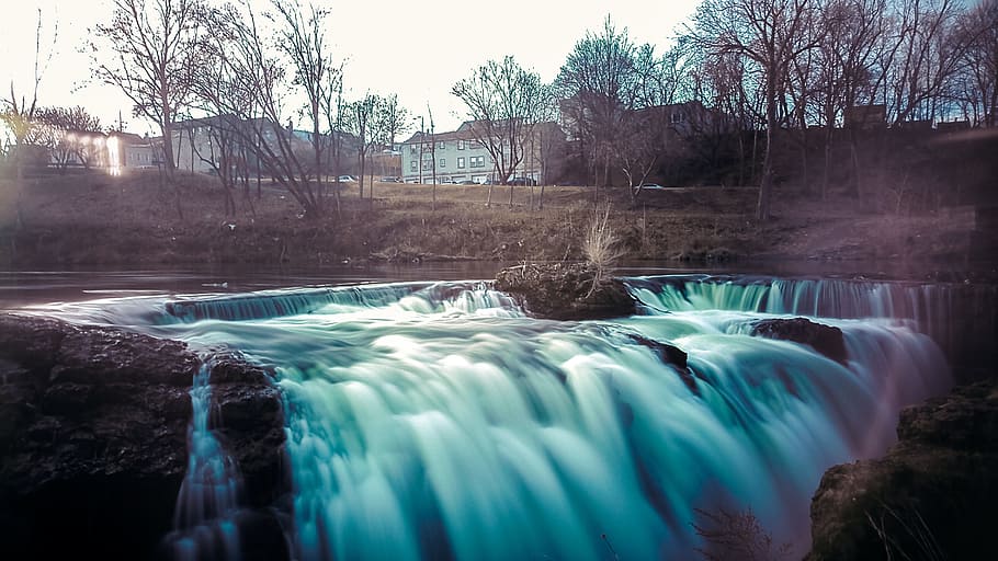 falls, nature, water, river, rock, landscape, trees, attraction HD wallpaper