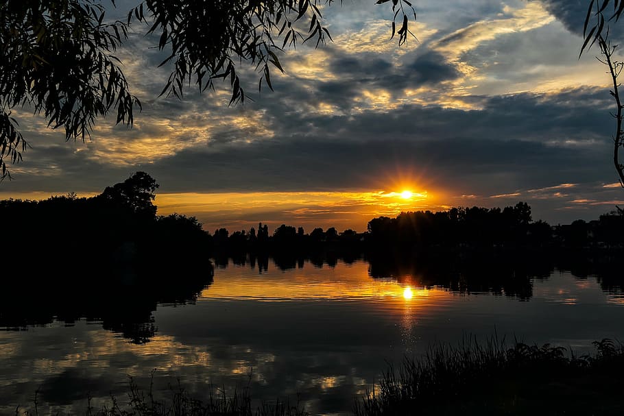 nature, sun, clouds, reflection, lake, beauty of nature, sunset HD wallpaper