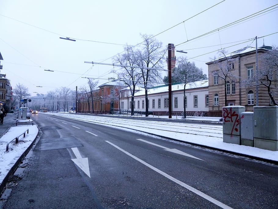 road, winter, karlsruhe, snow, city, transportation, architecture, HD wallpaper