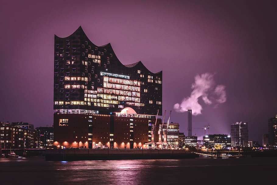 buildings with white lights during night time, hamburg, elbe
