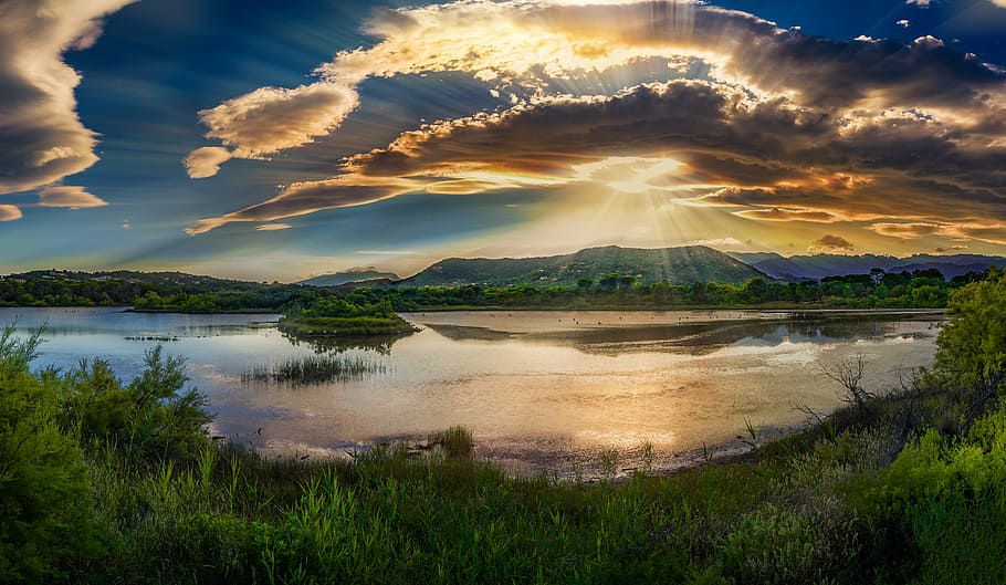 panorama photography of body of water under cloudy sky, sunrise, HD wallpaper