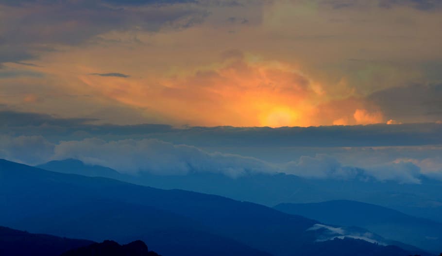 mountains under clouds during sunset, top, red, nature, scenics HD wallpaper