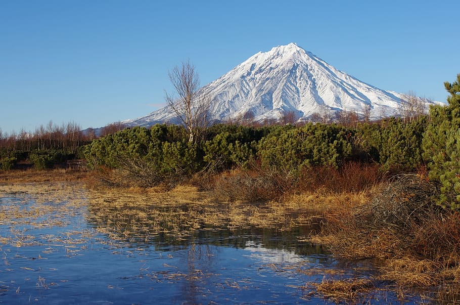 koryaksky volcano, kamchatka, autumn, snow, golden grass, landscape, HD wallpaper
