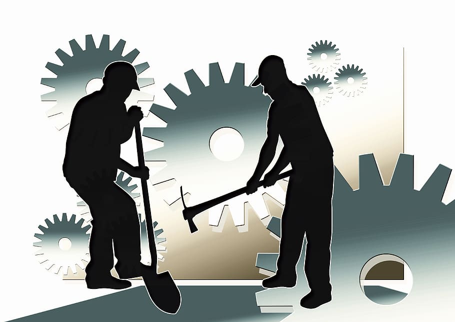 silhouette of two man digging with gears backdrop illustration HD wallpaper
