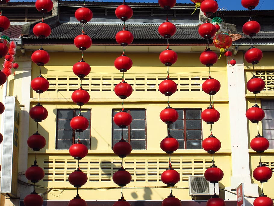 lanterns, red lanterns, building, decoration, full frame, large group of objects HD wallpaper