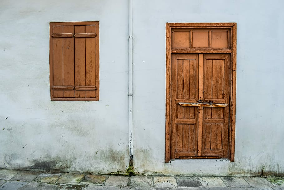 brown wooden door near window pane, old house, facade, architecture HD wallpaper