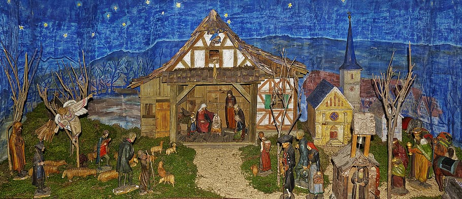 nativity scene, crib, village nativity, bauer crib, christ child