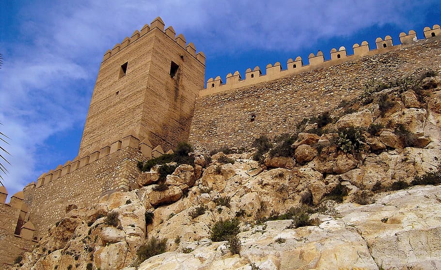 brown concrete castle, alcazaba of almeria, spain, fortifications