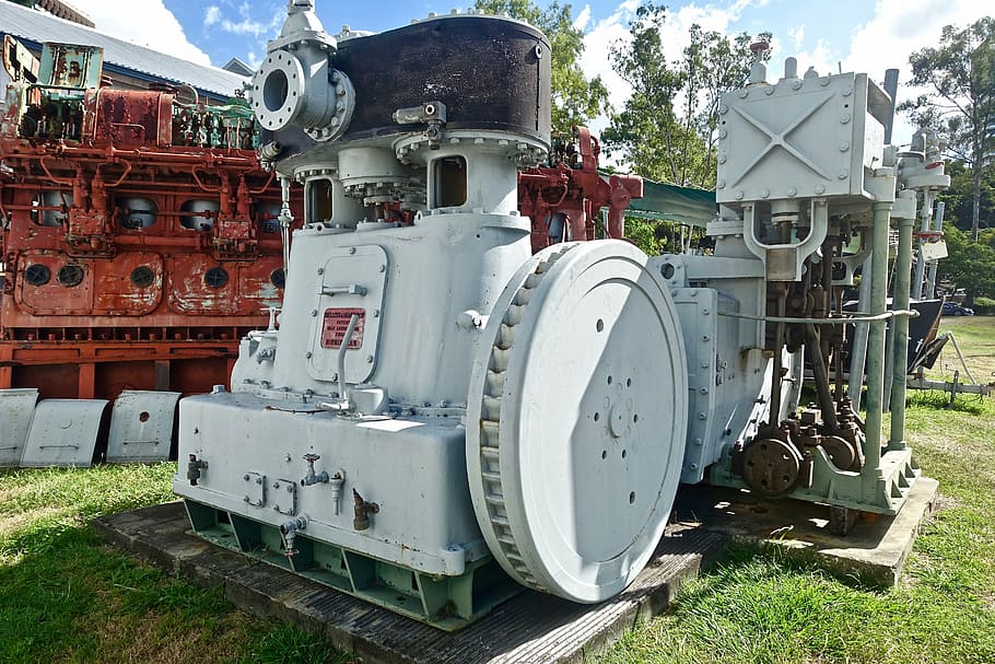 white metal equipment on grass field, diesel engine, power HD wallpaper