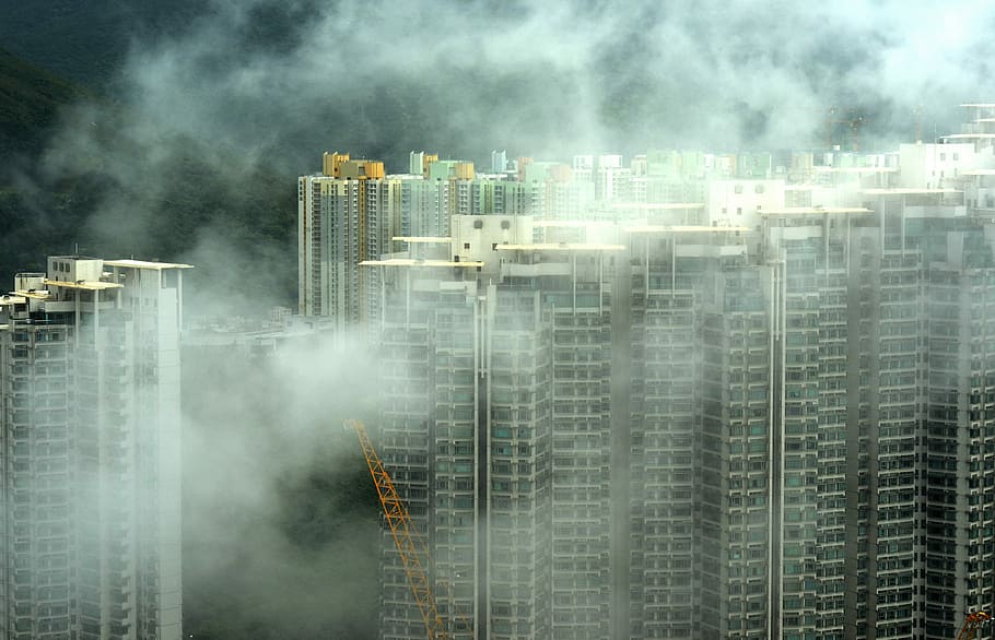 buildings with fog, high angle photography of high rise buildings HD wallpaper