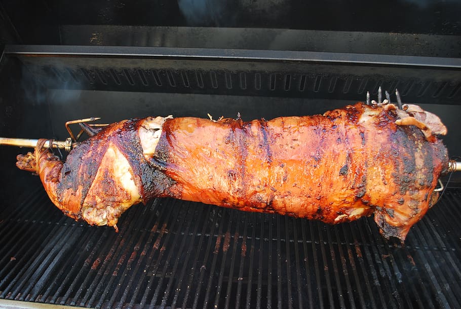 roasted pig on grill, roasting, rotisserie, meal, barbecue, cooking, HD wallpaper