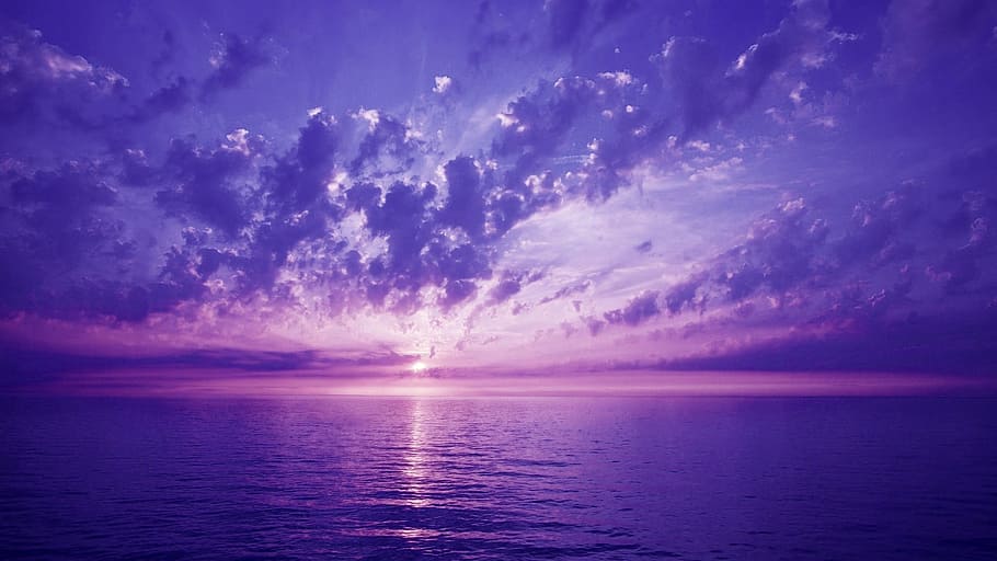 body of water with clouds photo, violet, sunset, sky, see, sea HD wallpaper