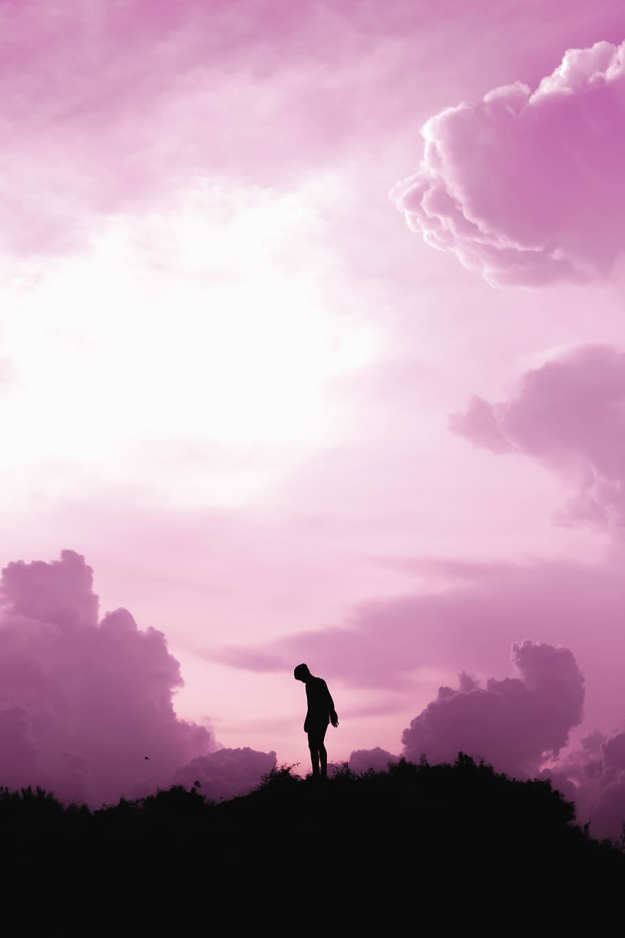 man on top of hill under white clouds, minimal, life, pink, pastel, HD wallpaper