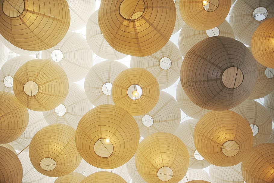 white-and-brown sky lantern lot, background, decoration, light HD wallpaper