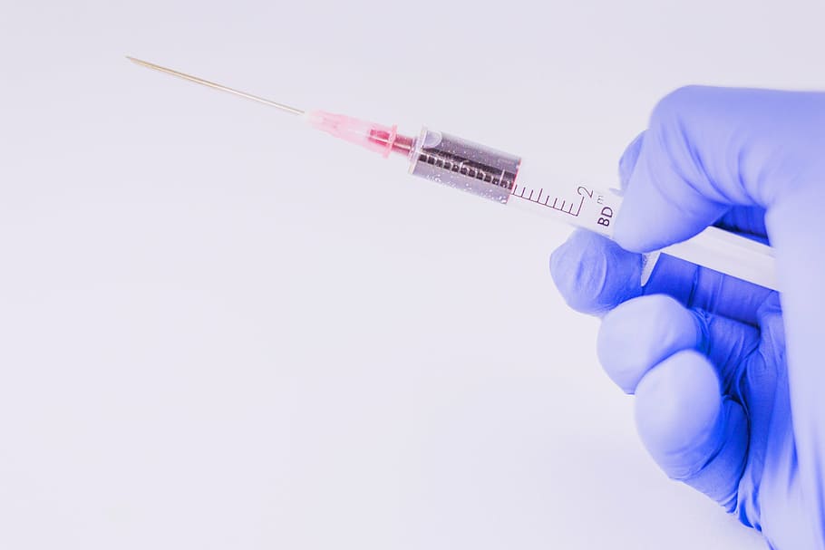 clear plastic syringe, the syringe, glove, medical, blood, research, HD wallpaper