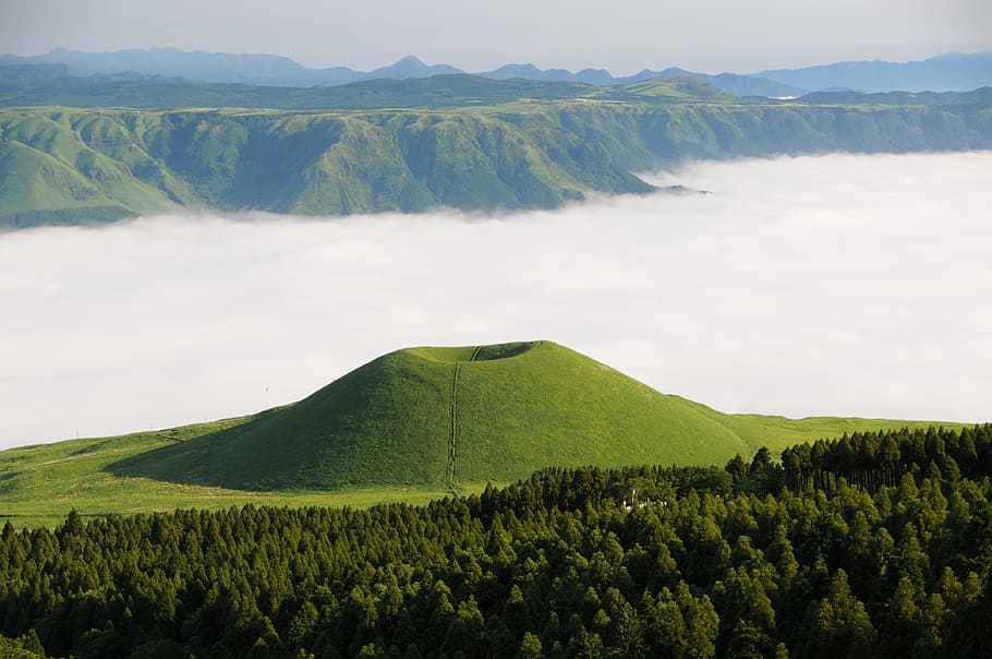 Green Mountain in Front of White Clouds, cloudscape, fog, forest HD wallpaper