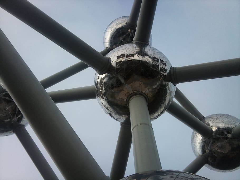 atomium, brussels, bullets, low angle view, sky, metal, no people HD wallpaper