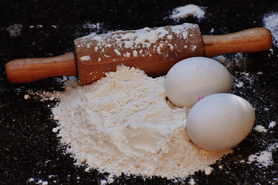 white eggs on flour with rolling pin, bake, ingredients, prepare HD wallpaper