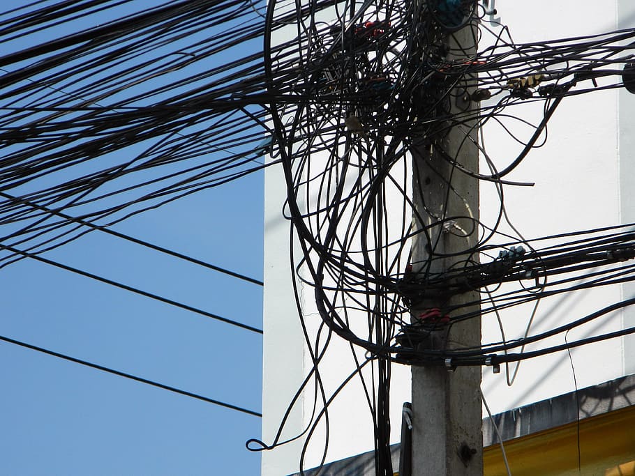 wires, mess, post, black, cable, electricity, low angle view HD wallpaper