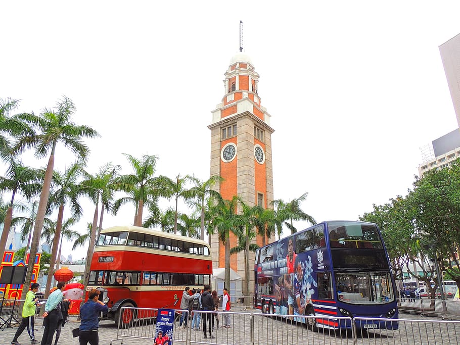 hongkong, bus, clock, tower, city, urban, street, road, transportation HD wallpaper