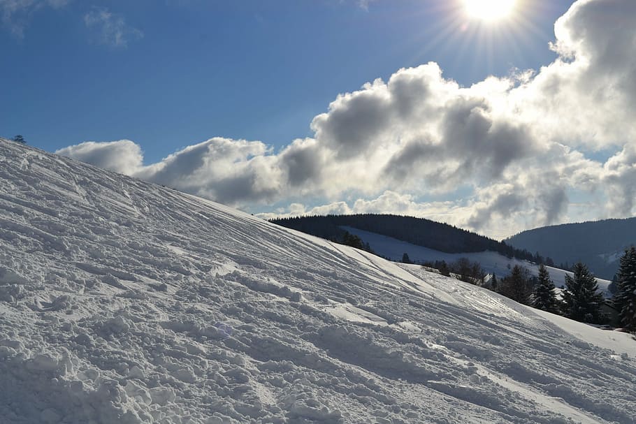 snow, sun, runway, ski run, sky, cold temperature, winter, sunlight HD wallpaper