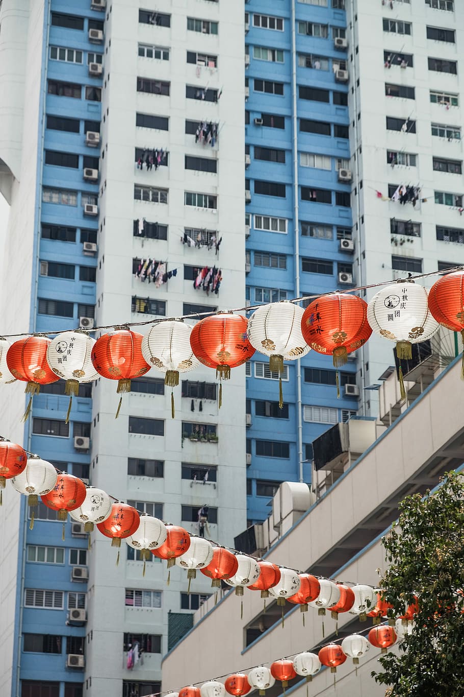 low-angle photography of paper lantern buntings, white and orange lantern HD wallpaper