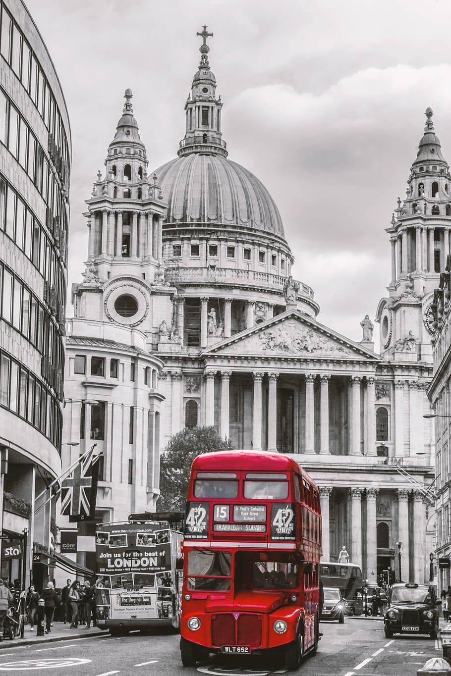 selective-color of red double decker bus, london, st paul's, st paul's cathedral