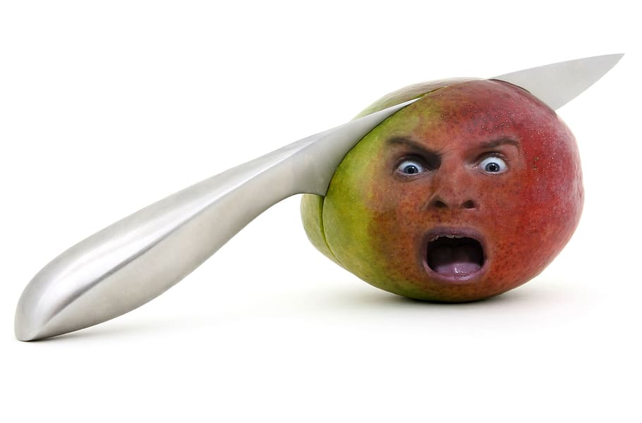 fruit, knife, mango, face, surreal, healthy eating, food, food and drink HD wallpaper