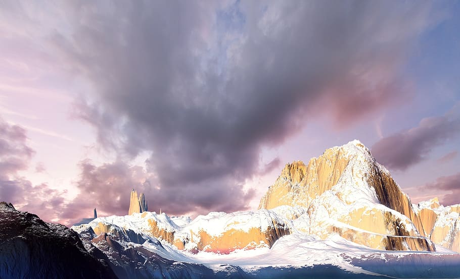 background, silver, mountain, lake, landscape, pink, sky, clouds HD wallpaper