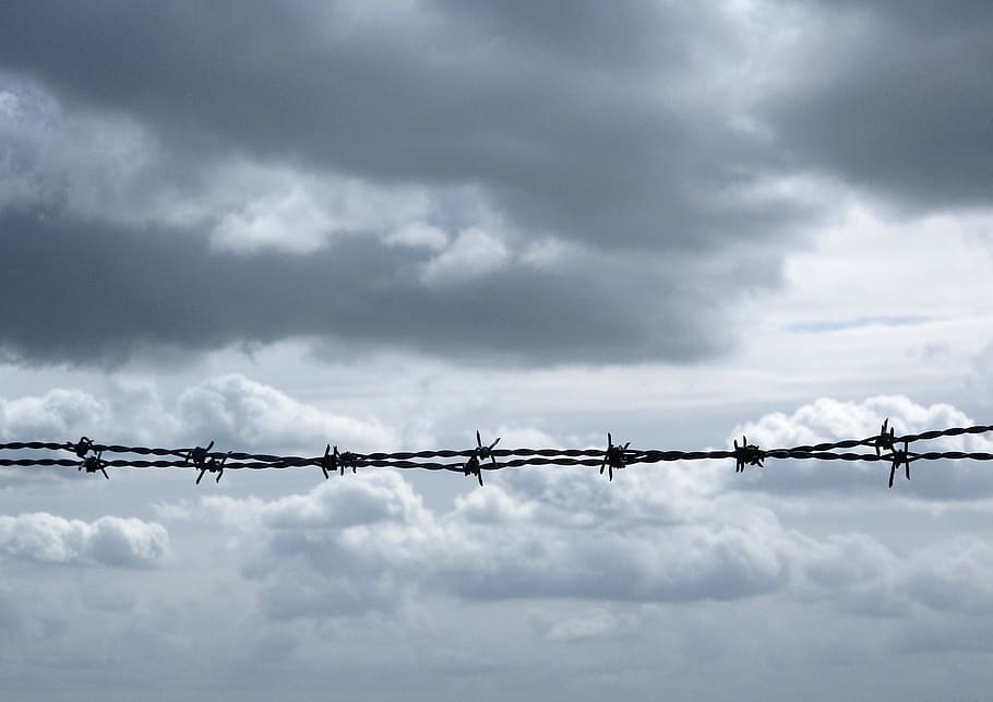 sky, clouds, cable, barbed wire, clear, landscape, beach, sea HD wallpaper